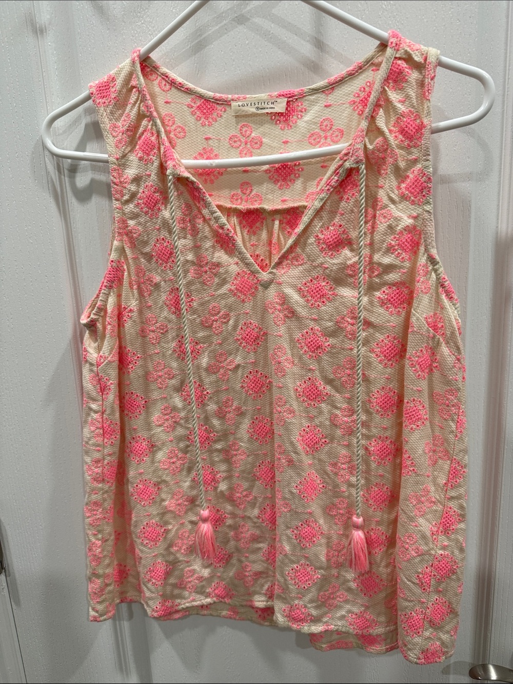lovestitch Cream Sleeveless V-Neck Top with Neon Pink Embroidery